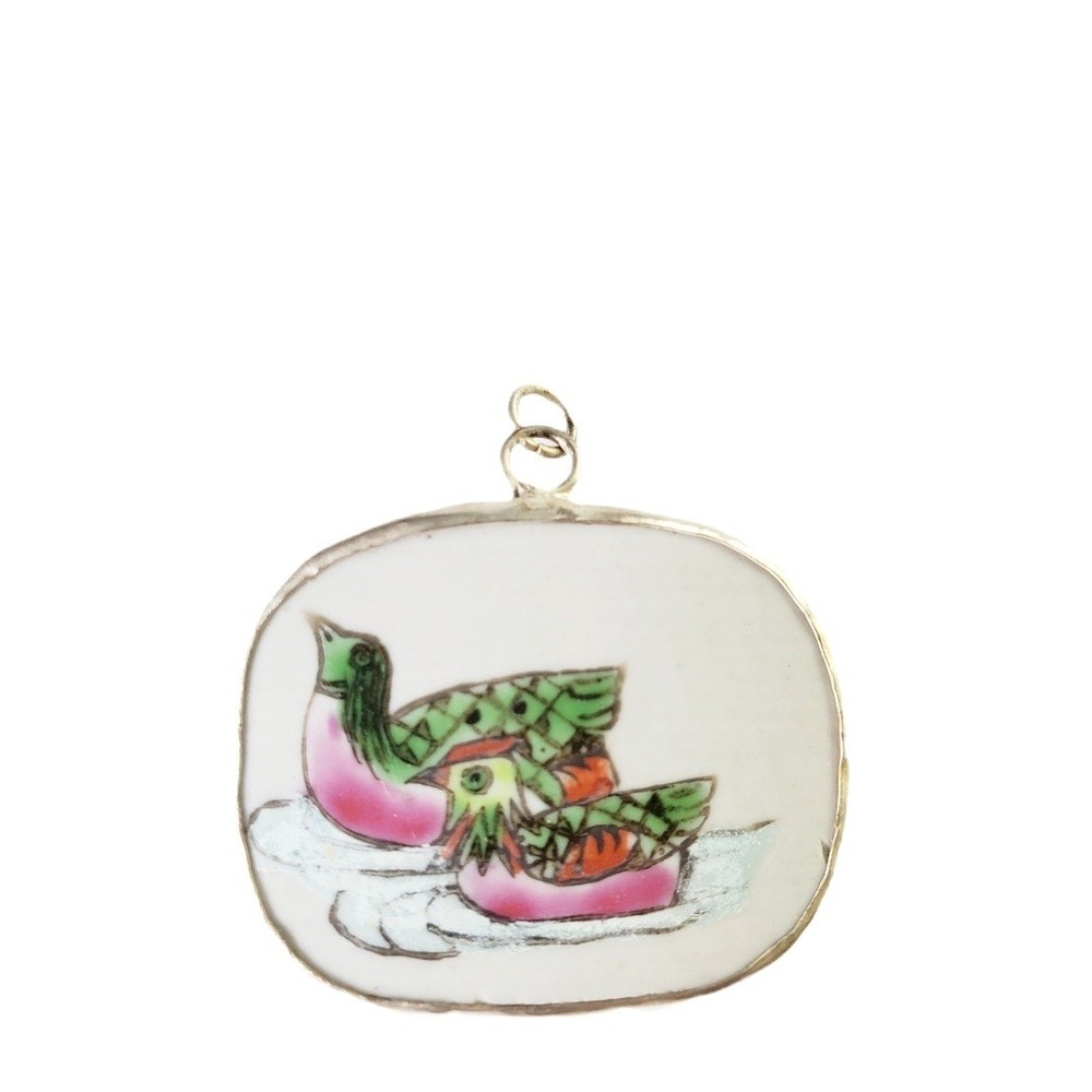 Vintage Hand Painted Pottery Shard Mandarin Duck Pendant Porcelain Bird Jewelry